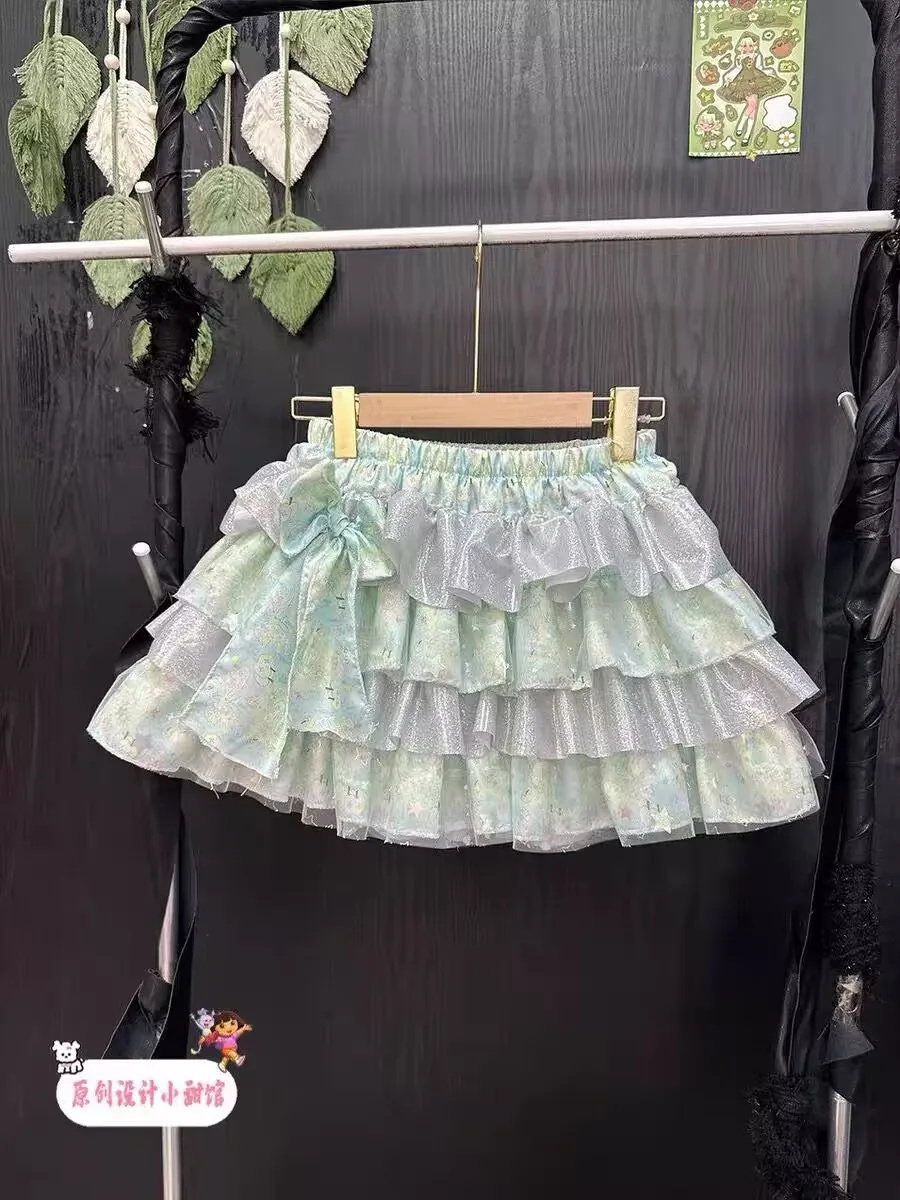 Japanese Lolita Style Mini Skirt Women Sweet Cute Kawaii Print Ruffles Bow Cake Skirt Girls High Waist Y2k Skirts Faldas Mujer