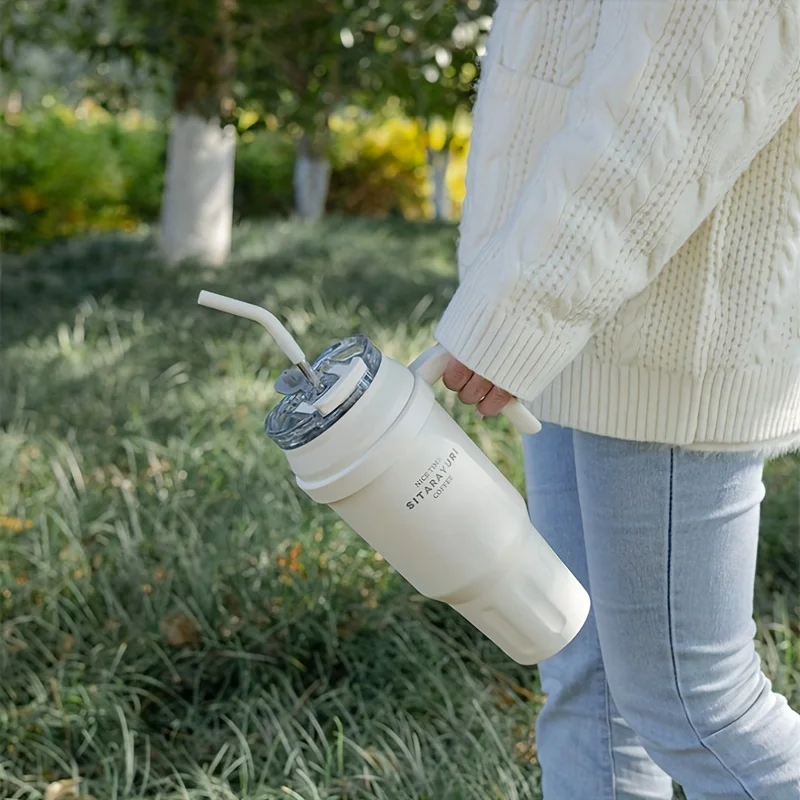 1 قطعة ترمس من الفولاذ المقاوم للصدأ كوب 1450 مللي قدرة الرياضة في الهواء الطلق اللياقة البدنية وعاء شرب مزدوج سيارة كوب بوليون الجليد مع القش