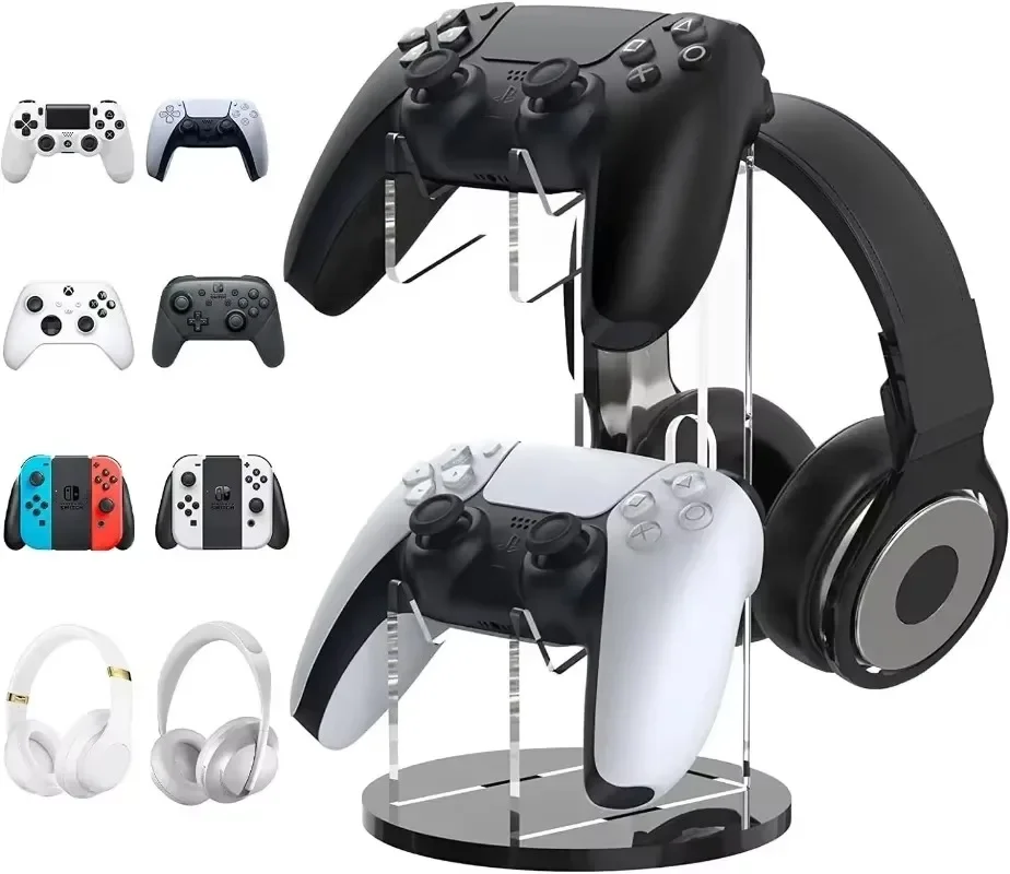 Wall-Mounted Acrylic Game Controller & Headset Stand for PS5/PS4/PS3/Xbox, Dual Layer Storage Rack