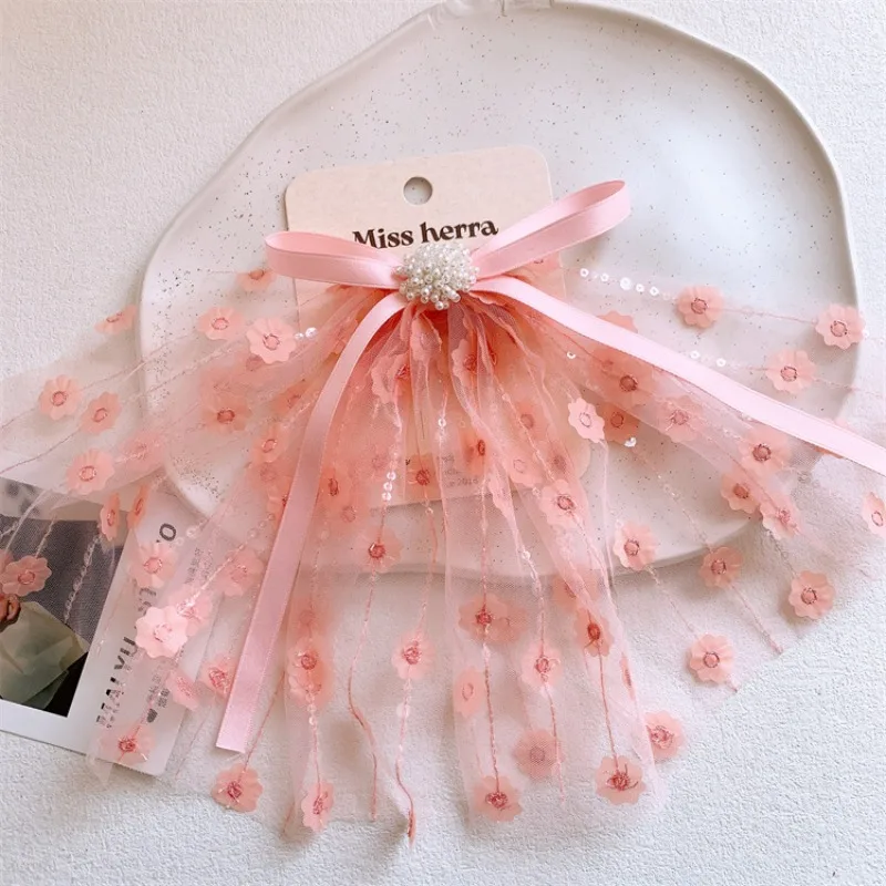 

Sweet Pink Lace Bow Streamer Hair Clips for Girls Side Bangs Baby BB Clips Princess Top Barrettes Cute Non Slip Hair Accessories