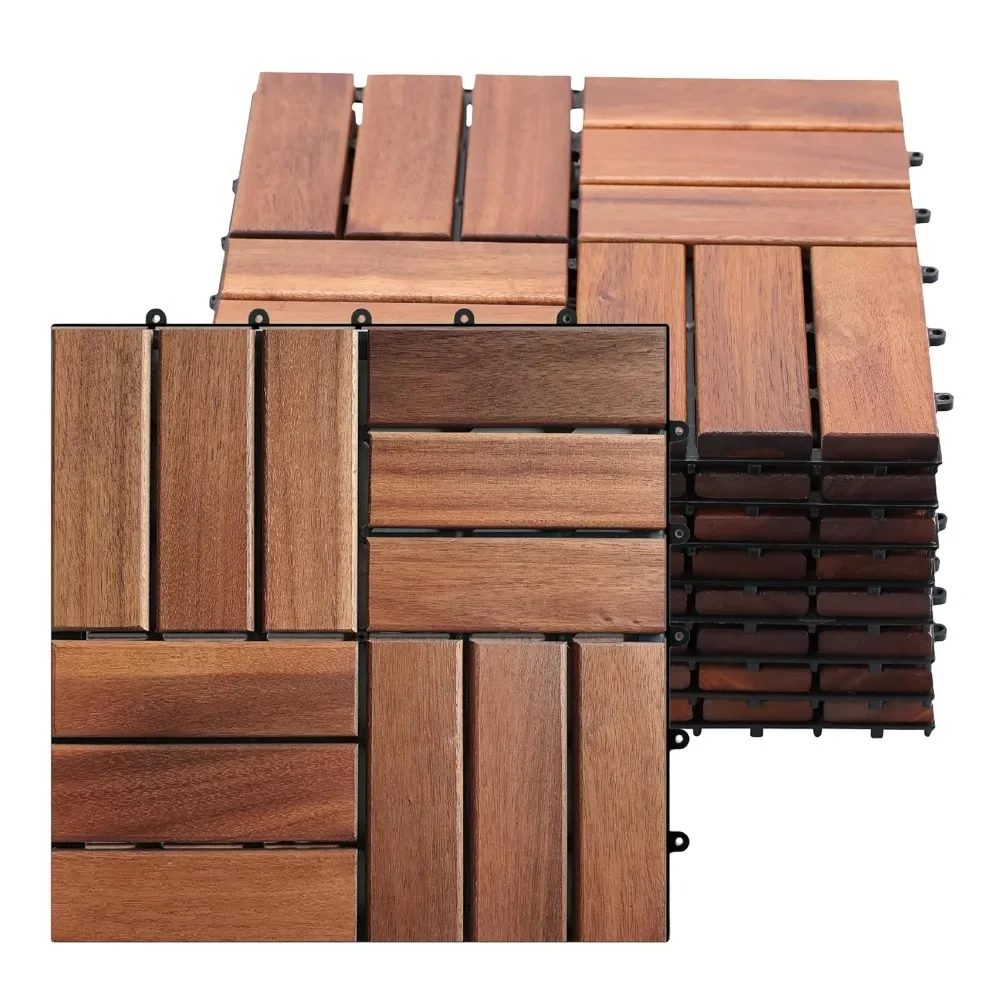 

Interlocking Deck Tiles, 100% Acacia Wood Deck Tiles, 11" X 11" Wood Patio Click Flooring Non Slip Water Resistant