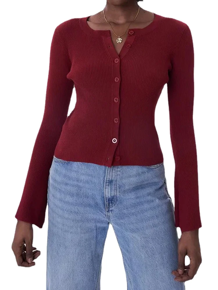 Women Flare Sleeve Knitted Cardigans Spring Autumn Long Sleeve Solid Color Sweaters