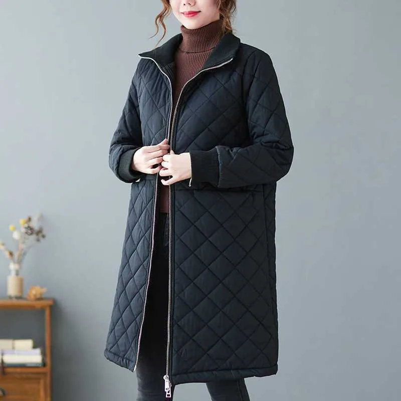 Ladies Elegant Simple Diamond Check Coat Casual Sports Multi-purpose Long Coat Autumn Winter Warm French Down Cotton Top