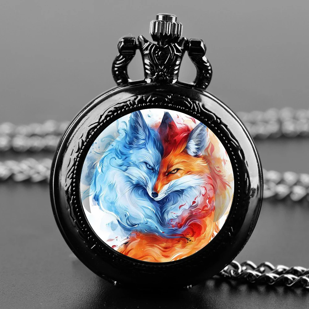 Creative ‌Fox Glass Dome Quartz Pocket Watch with Necklace Chain Pendant Gift for Male Men Vintage Clock