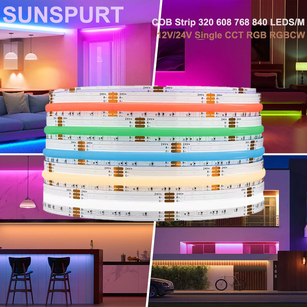50m COB RGB CCT RGBW Warm Natural Cool White LED Strips DC12V/ 24V Flexible High Bright Dotless Colorful LED Tape Light Bar RA90