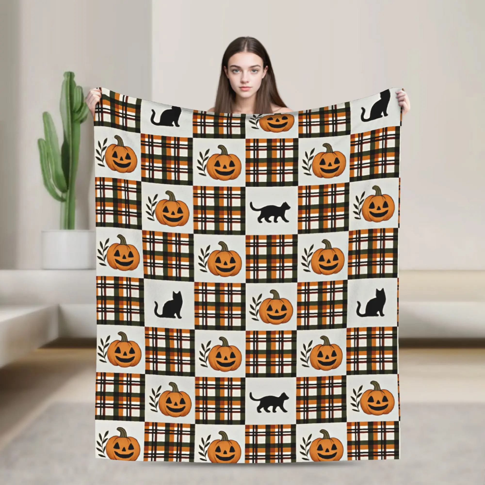 Halloween Plaid Black Cat Pumpkin Checkered Seamless Pattern Blanket Warm Comfy Throw Blanket Child Outdoor Travel Car Bedspread