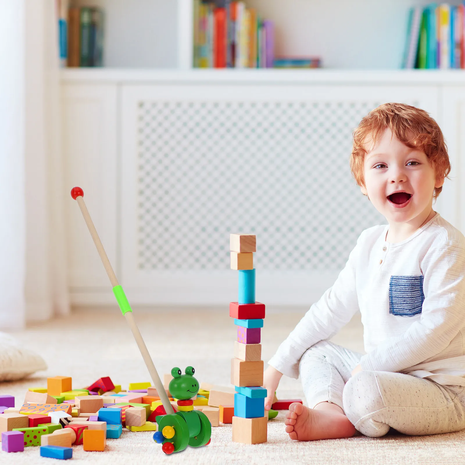 Loopkar voor baby's, houten kikker, duwkar, cartoonvorm, felle kleuren, educatief speelgoed, houten loopkar voor kinderen