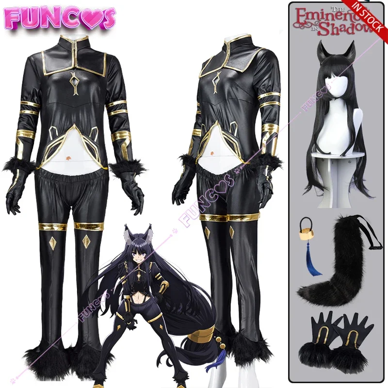 Anime The Eminence In Shadow Delta Cosplay Costume Wig Black Uniform Shadow Garden Ears Tail Headdress Gloves Hime Cut Long Hair