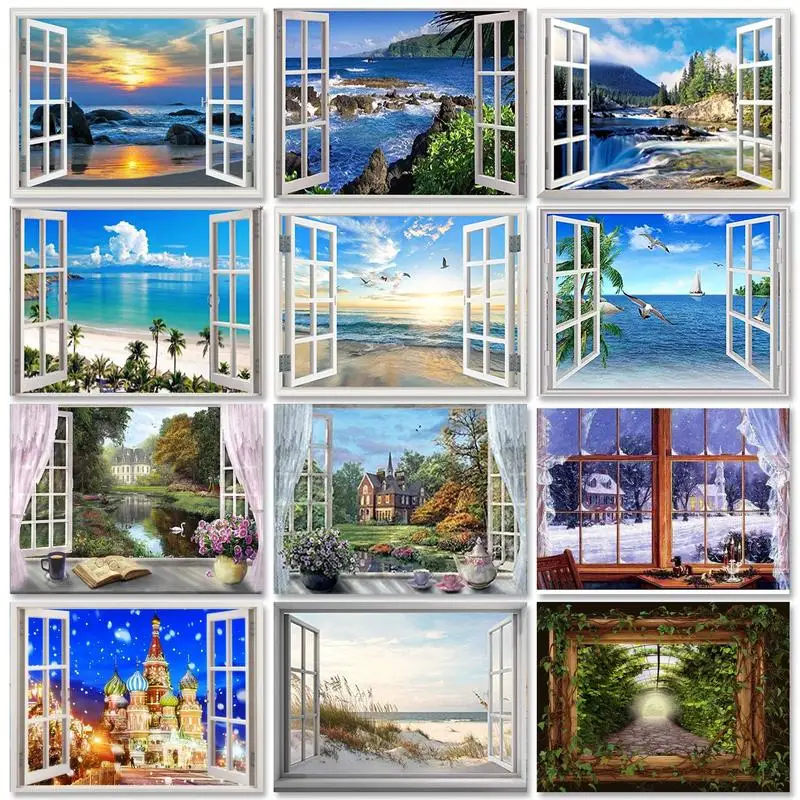 RUOPOTY Full Square Diamond Painting Landscape Diamond Mosaic Picture Of Rhinestone Scenery Outside the Window Home Decor