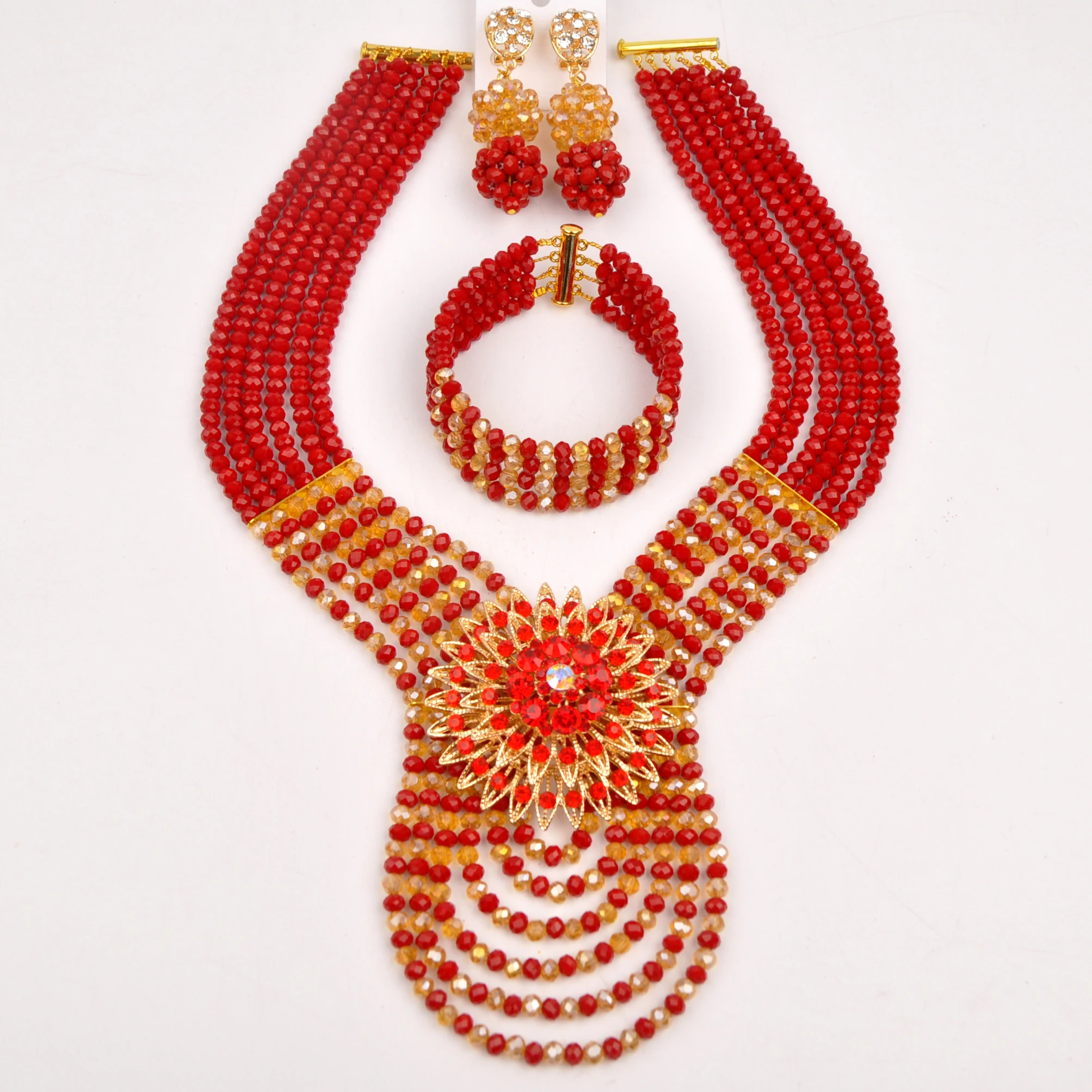 

Fashion Necklace Opaque Red Champagne Gold African Beads Jewelry Set for Women