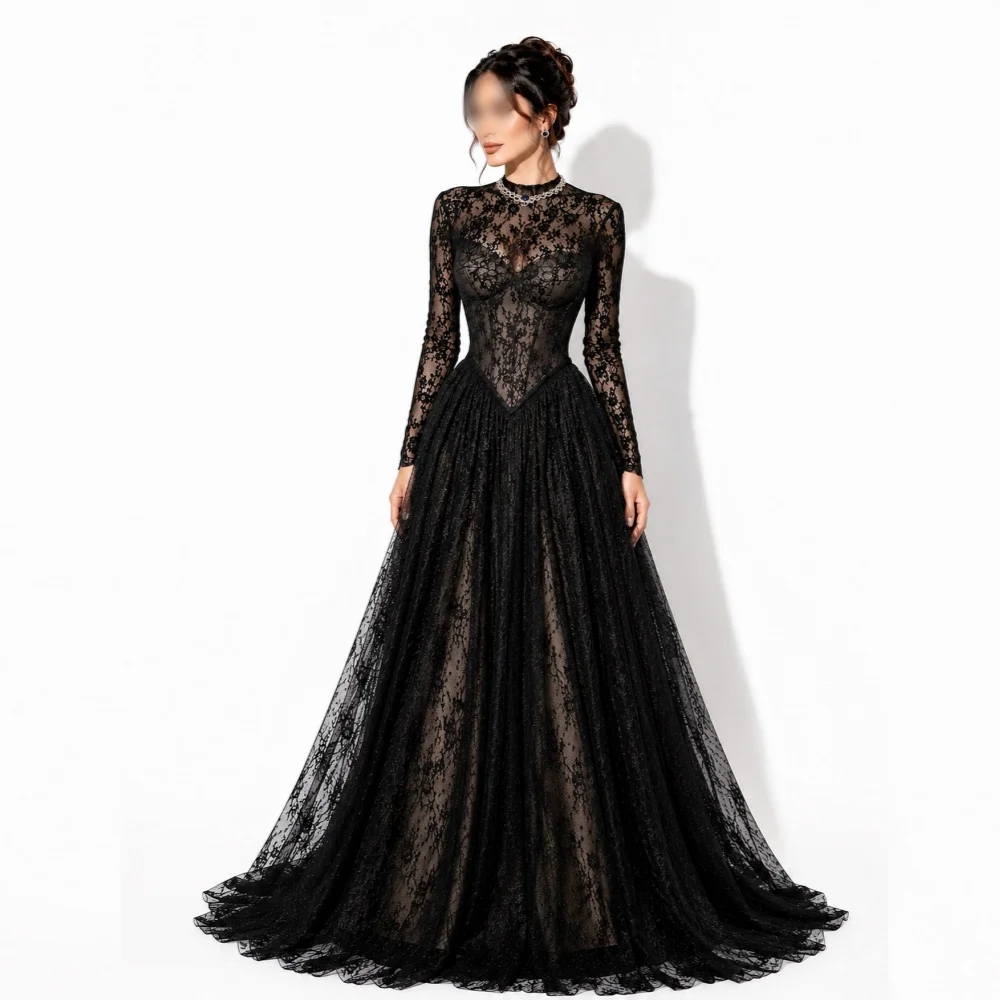 Maßgeschneiderte formelle Abendkleider mit Spitze und hohem Kragen für Bankette, A-Linie, bodenlang, exquisites Hochzeitskleid
