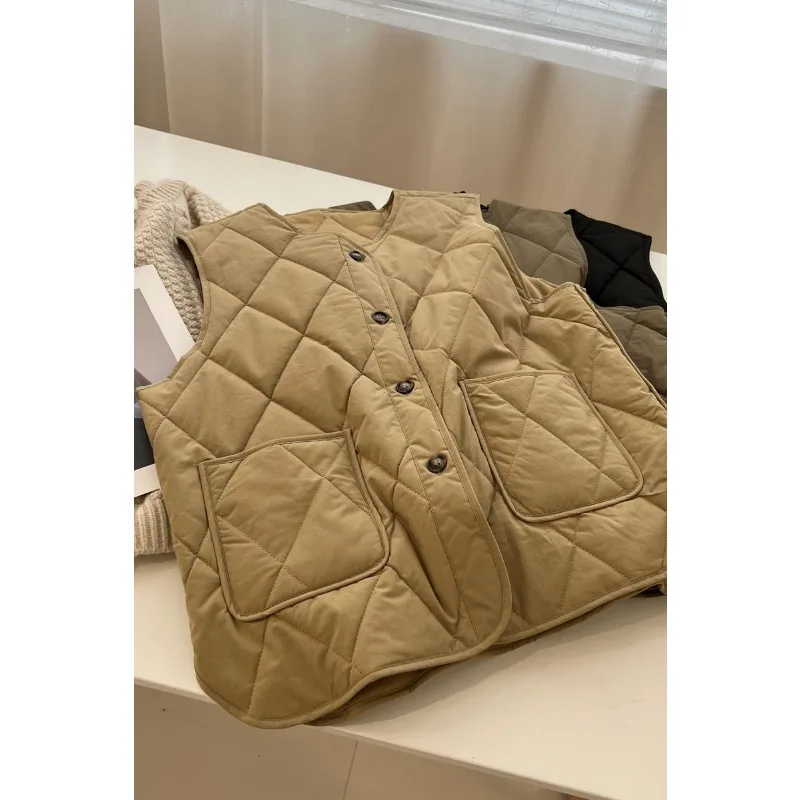 Korean Rhombus Checkered Vest for Women Winter New Loose and Versatile Outer Wear Cotton Vest