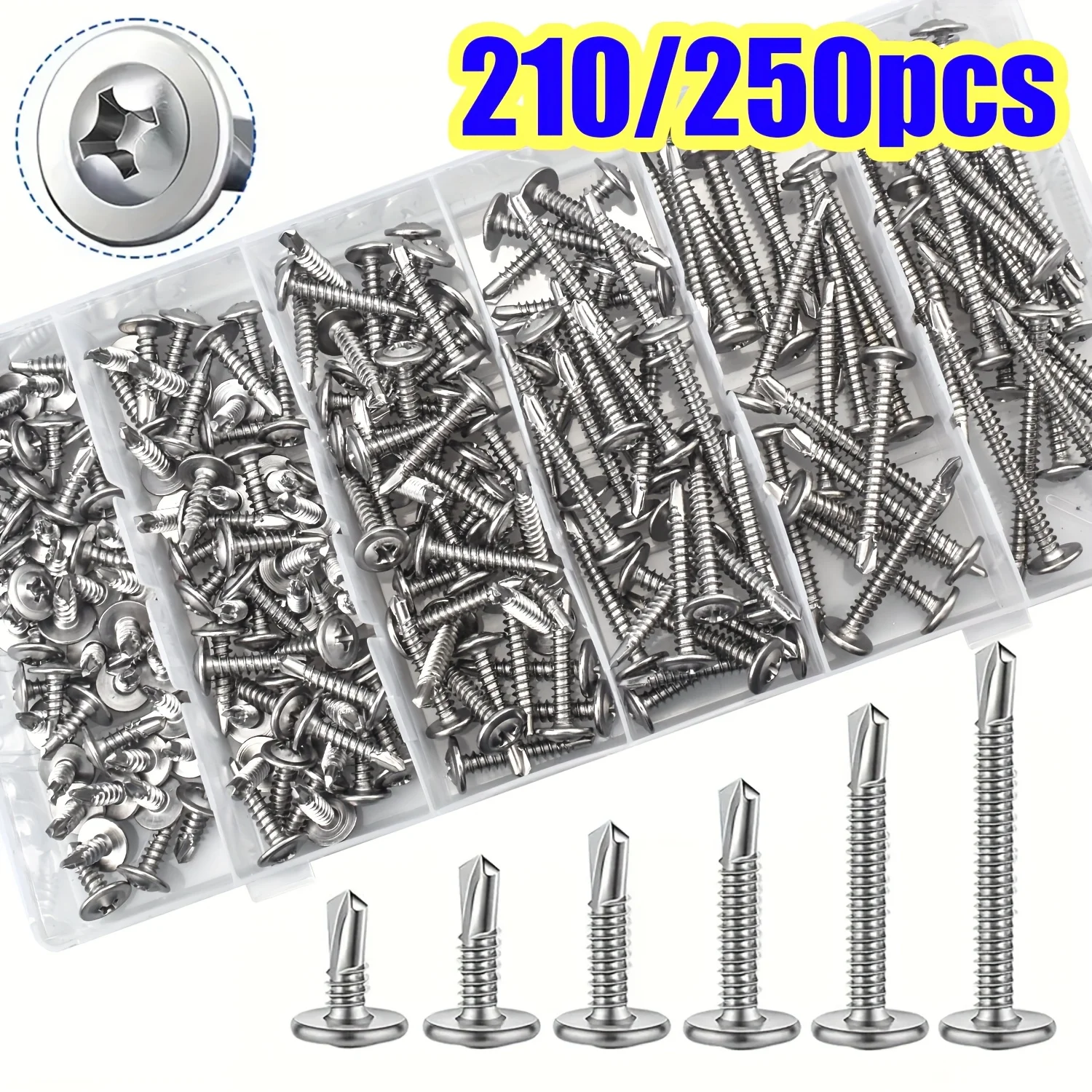 210PCS Self Tapping Drilling Tail Dovetail Iron Sheet Screws 410 Stainless Steel M4.2 Large Round Head Cross With Cushion Huasi