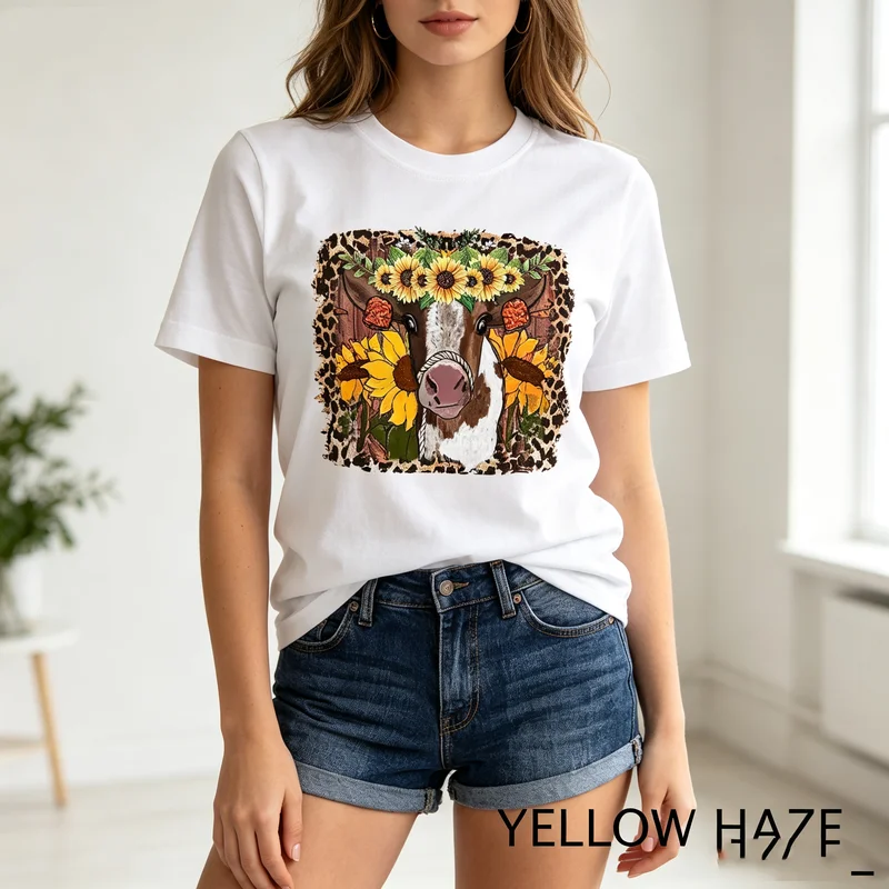 Cute Farm Animal T Shirt Highland Cow Sunflower Fall Graphic Print Soft 100%Cotton Crew Neck Top  Y2k Oversized T Shirt