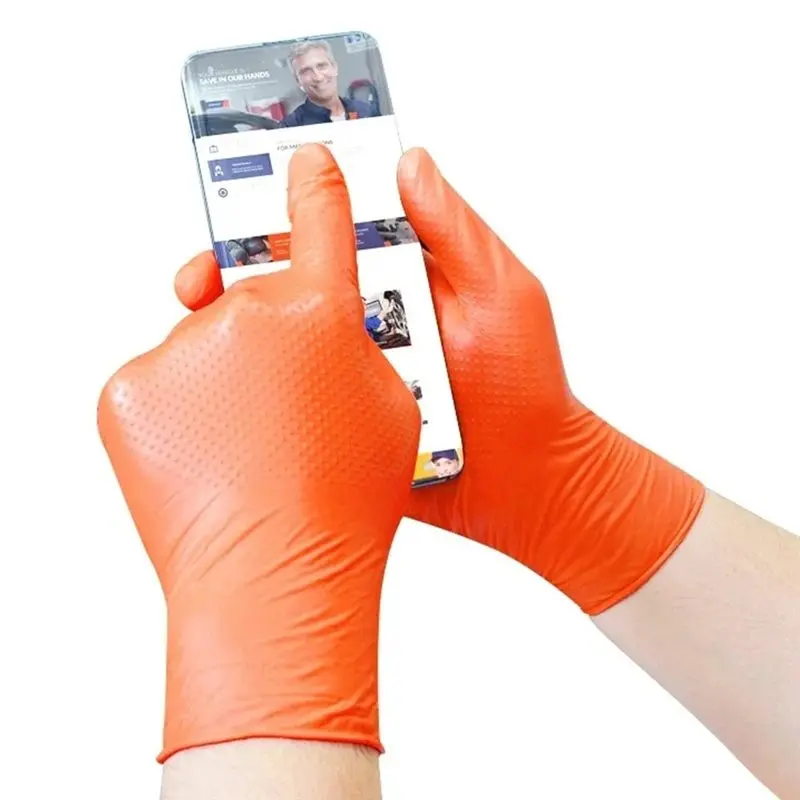 

High Strength Industrial Disposable 8Mil Heavy Duty Orange Nitrile Gloves For Mechanic Work Glove With Diamond Textured Grip