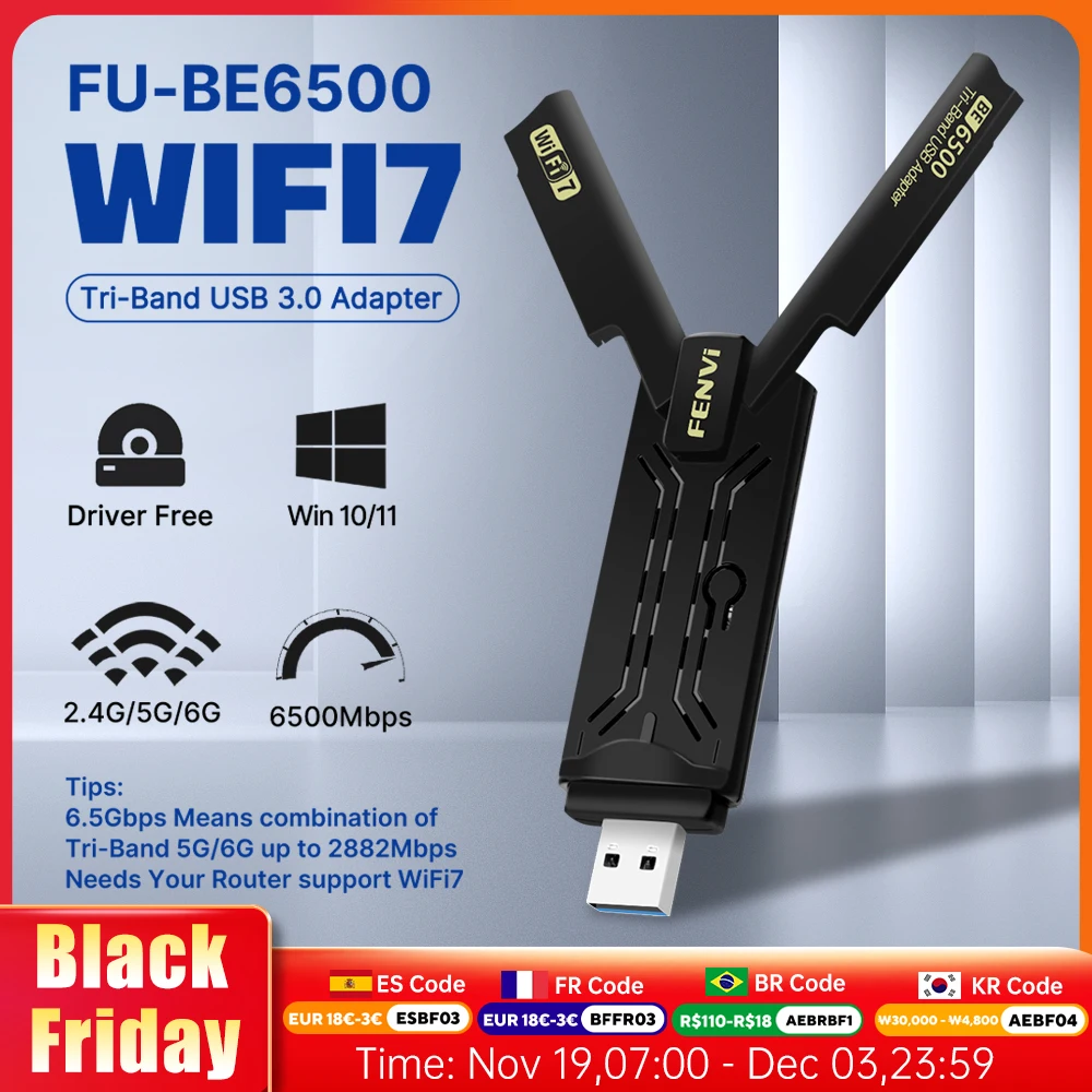 

FENVI WiFi 7 BE6500 USB WiFi Adapter USB 3.0 Tri-Band 2.4G/5.8G/6GHz 802.11AX Network Receiver For Win 10/11 Free Driver