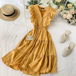 Zoki Elegant Women Midi Dress Fashion Summer Button A Line Sleeveless Ruffles Button High Waist Female Beach Vestidos New