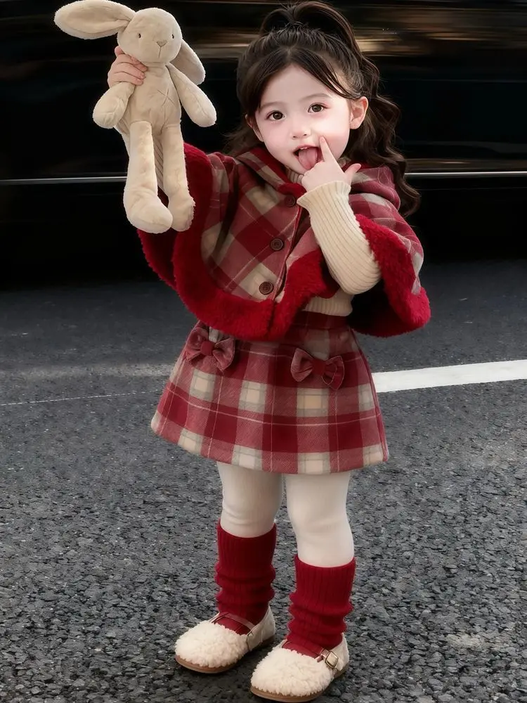 New Year Red Warm Stripes Thick Cloak Coat+Shortskirt 2PCS Kids Winter Princess Clothes Set Toddler Girl Children Elegant Suit