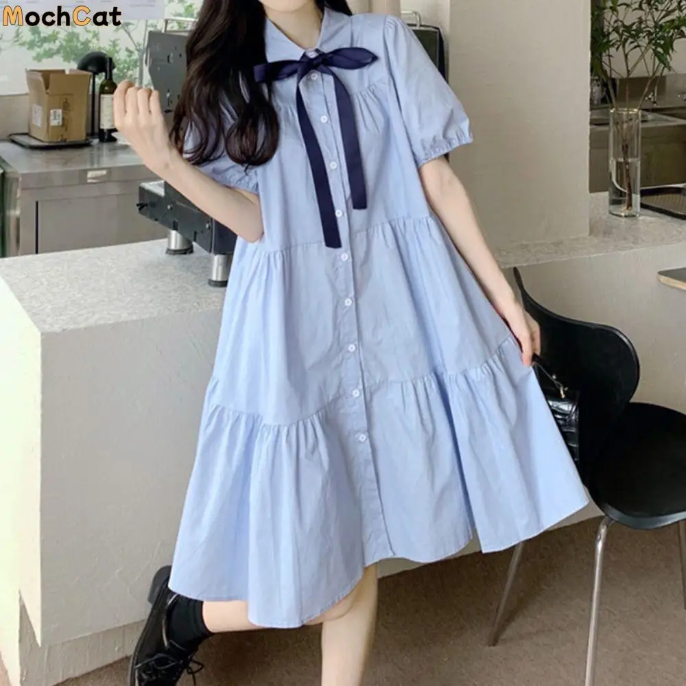

Bowknot Girl Princess Dress Preppy Style Puff Short Sleeve Teenagers Shirt Dress Loose Sweet Children Bubble Dresses Birthday