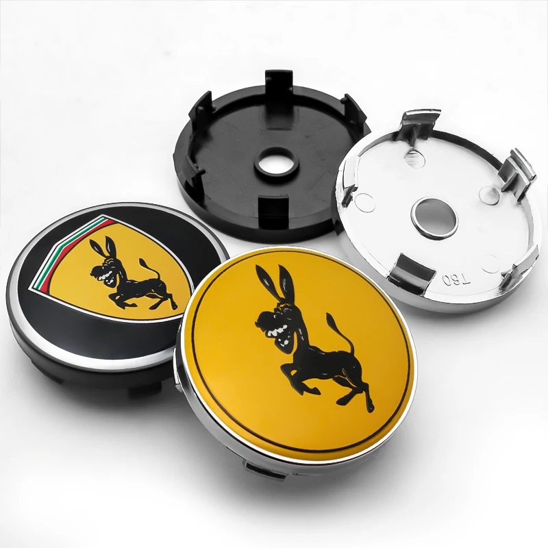 4pcs 56+60mm Ferrari Donkey Logo Badge Emblem Car Wheel Hub Center Caps Rim Cover Stickers For Ferrari Car Styling Accessories