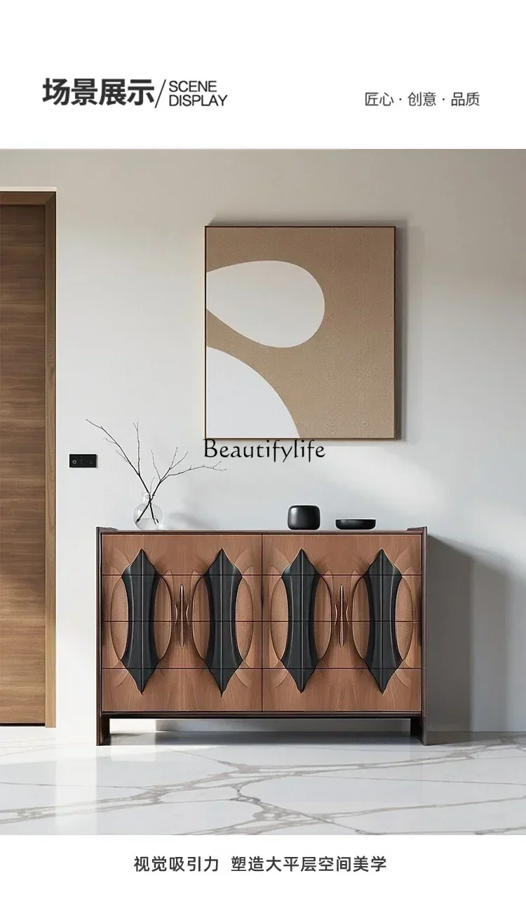 

yj15 Walnut solid wood living room wall integrated storage cabinet modern light luxury art relief bedroom storage cabinet