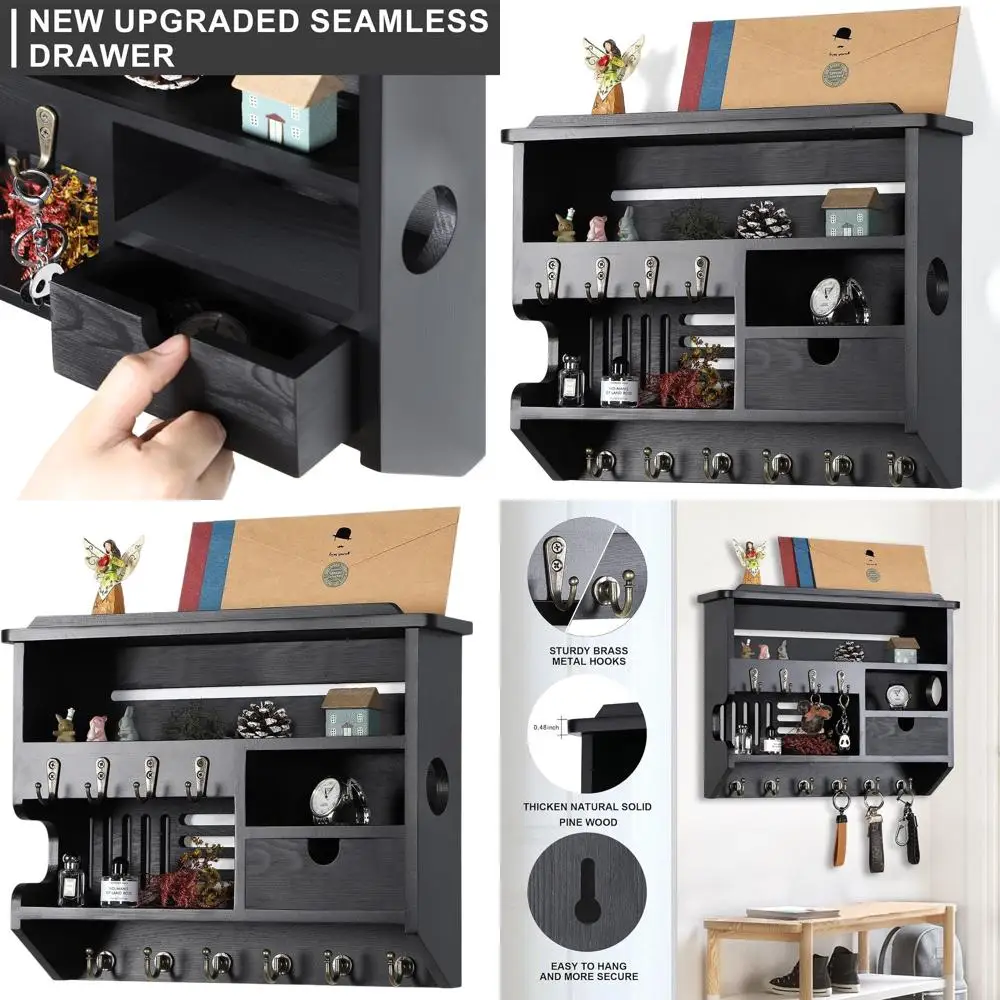 

Black Wall-Mounted Mail Organizer with Storage Drawer and 10 Hooks for Home Key Storage and Decor