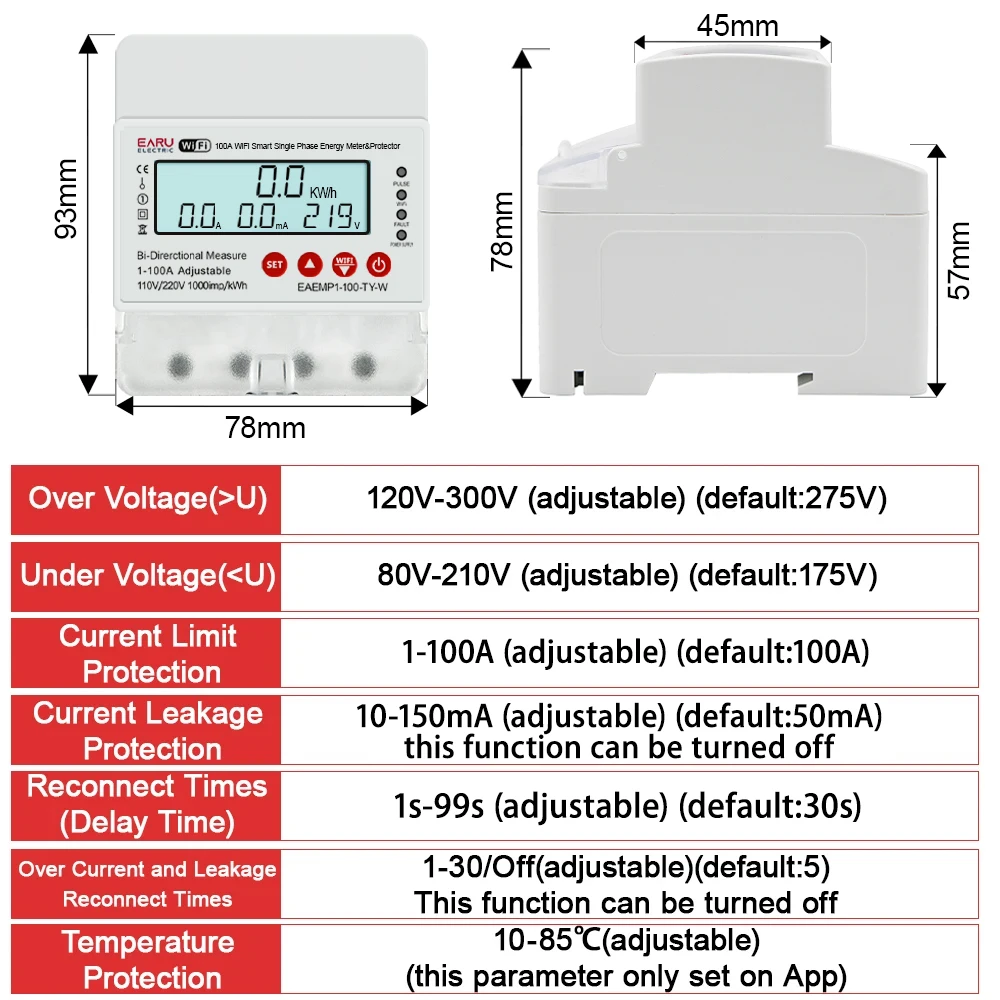 Tuya WiFi Smart Circuit Breaker Earth Leakage Over Under Voltage Protector Relay Switch Bi-Directional Energy Power kWh Meter