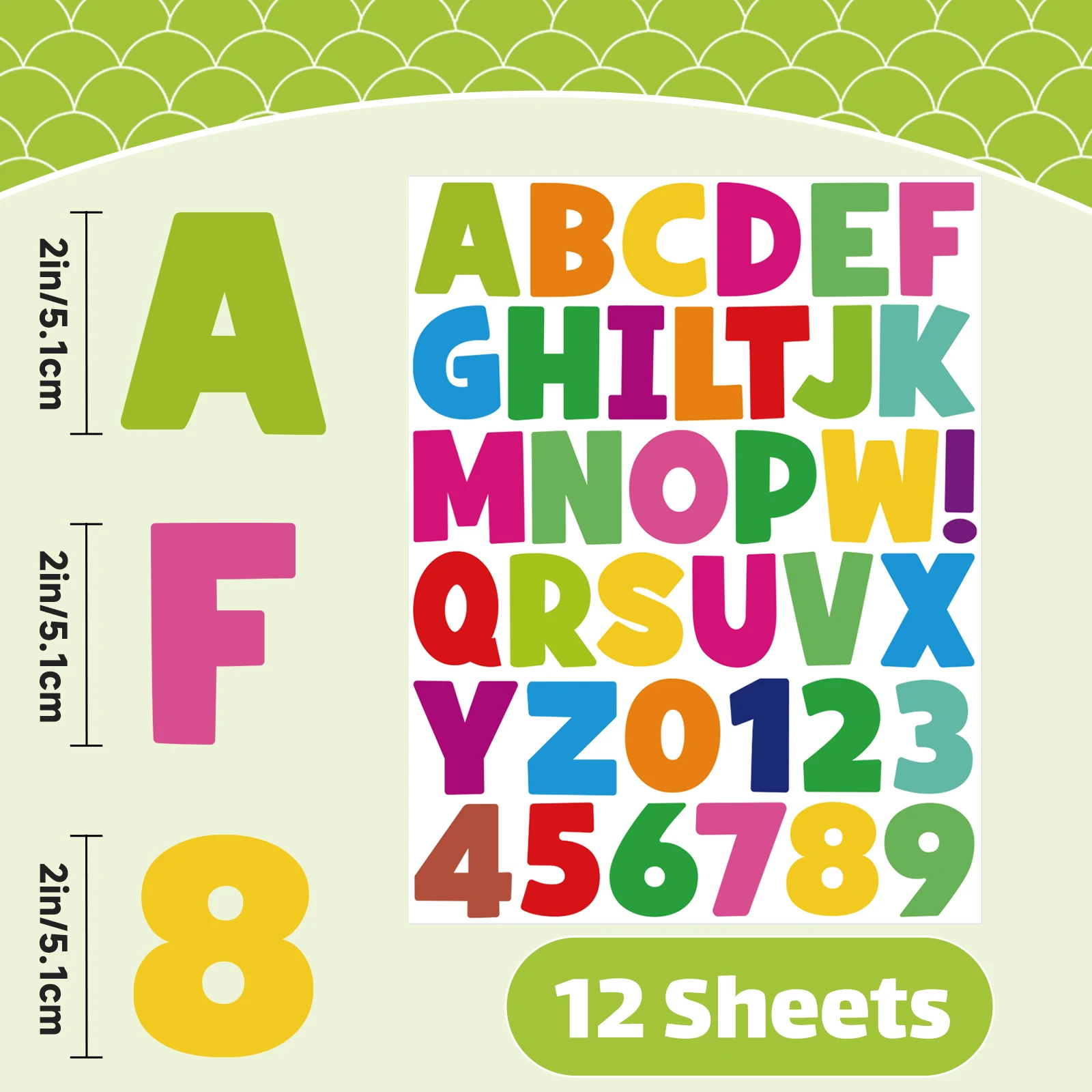 444PCS 2 Inch Large Letter Stickers, 12 Sheets Colorful Self-Adhesive Alphabet Stickers for Bulletin Board, Signs, Mailbox