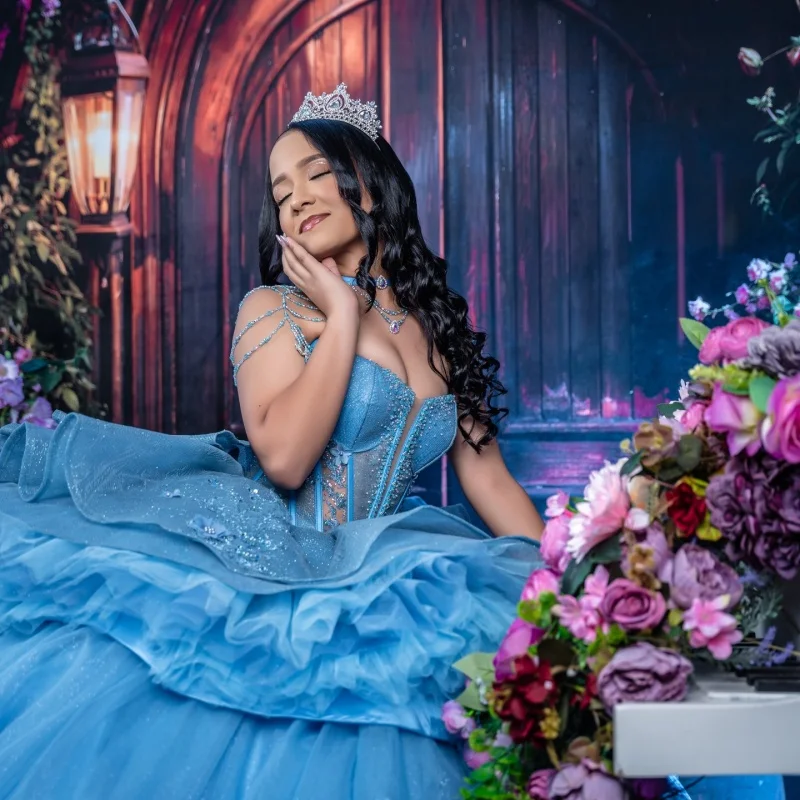 

Blue Quinceanera Dresses Off the Shoulder Glitter Decal Lace LayeringLong tail Bow Vestidoe 15 Quinceanera Customize