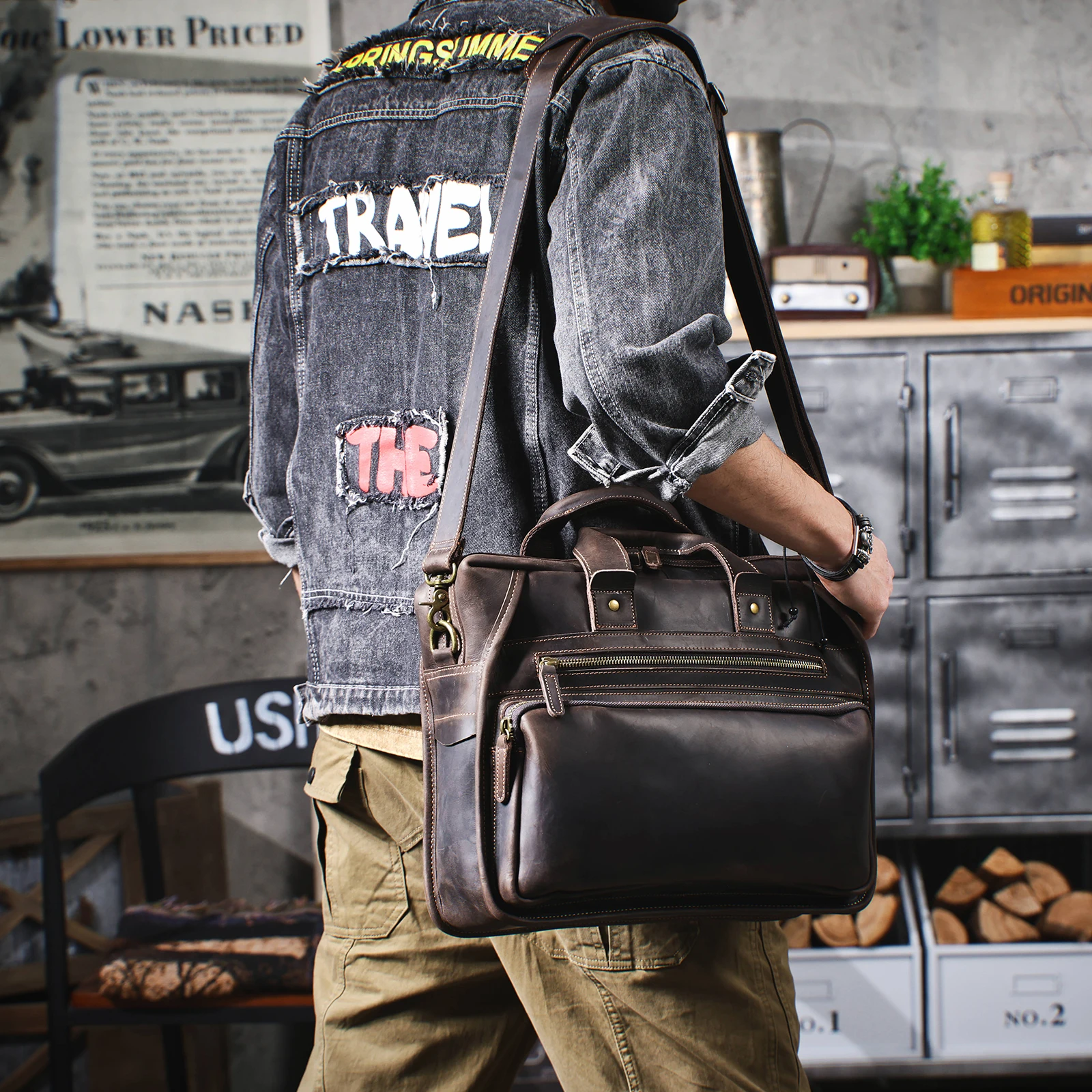 Vintage Echtleder Herren-Aktentasche 14" Laptop-Tasche Crazy Horse Leder Messenger-Handtasche Rindsleder Geschenkidee für Männer – Detail 3