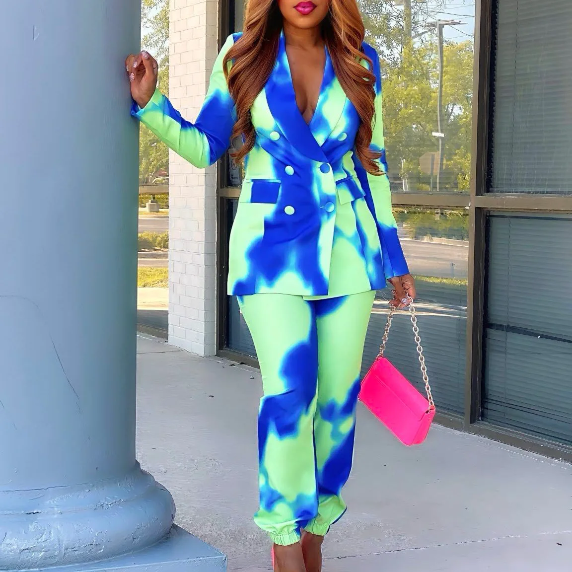 Bohemian Gradient Rainbow Print Women Blazer Pants Set Leisure Right Angle Shoulder Tie Dye Pants Suit Outfits костюм женский