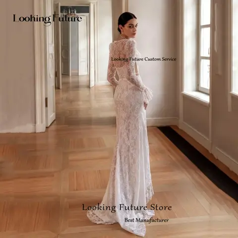 Boho Lace Appliques Mermaid Wedding Dress Simple Long Sleeves Sexy Deep V-Neck Cut-out Bridal Gown High Slit Vestidos Customized