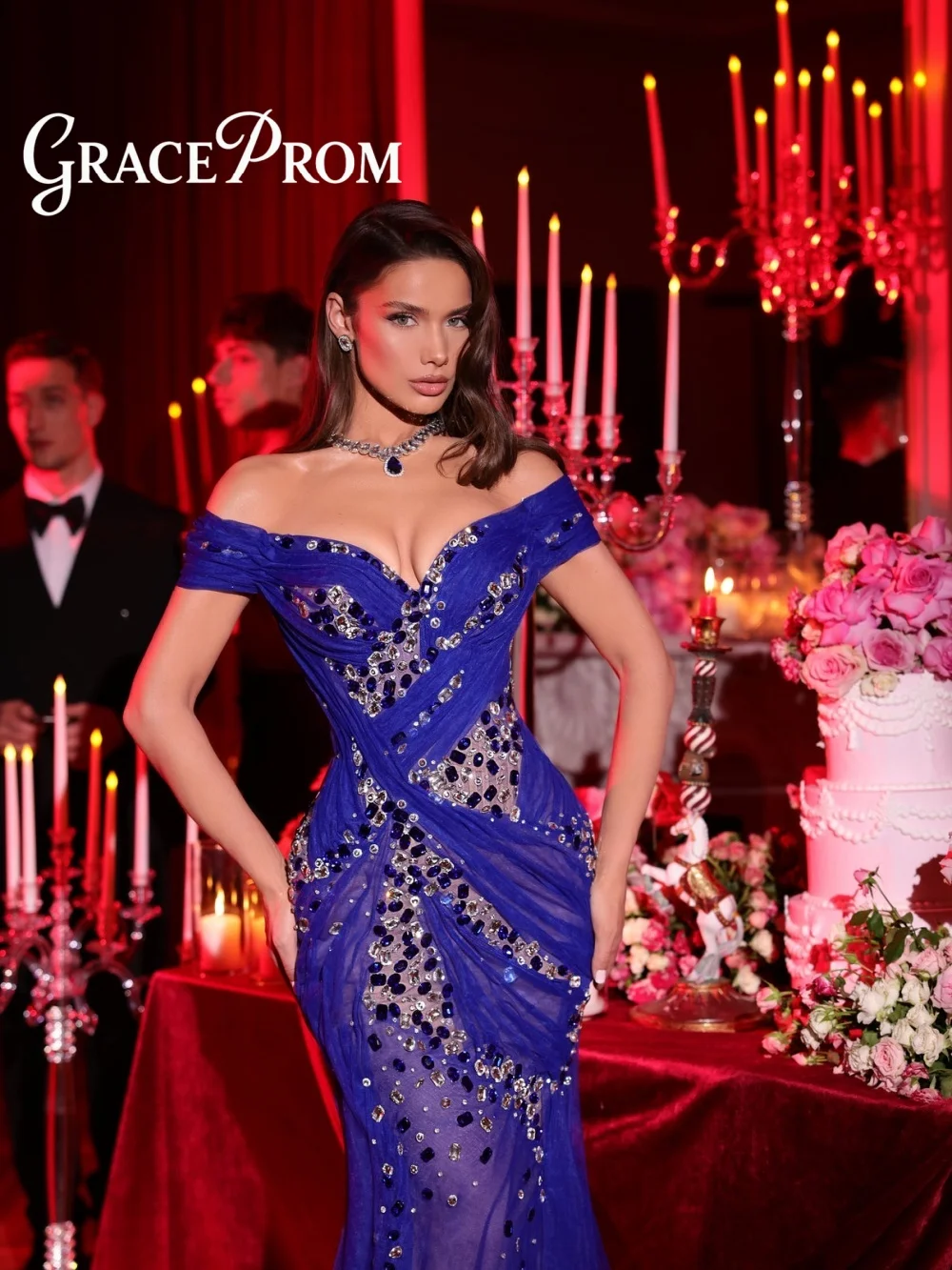 

Luxurious Royal Blue Off Shoulder Gown 2026 Dazzling Crystal Beaded Tulle Dress Exquisite Chiffon Evening Gown Vestidos De Noche