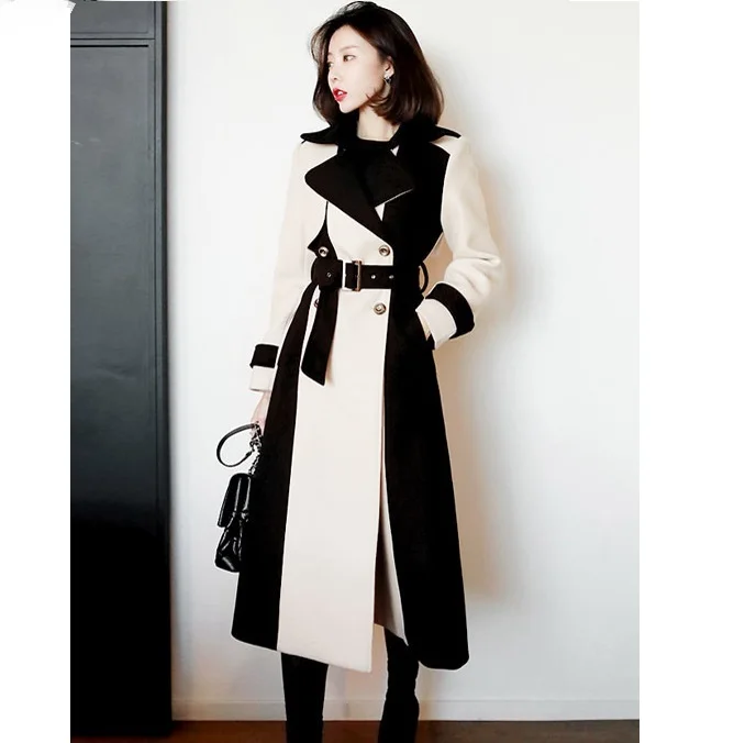 In Stock Winter New Ladies Clothing Wholesale Korean Temperament Mid length British Style Stitching Over the knee Woolen Long Co