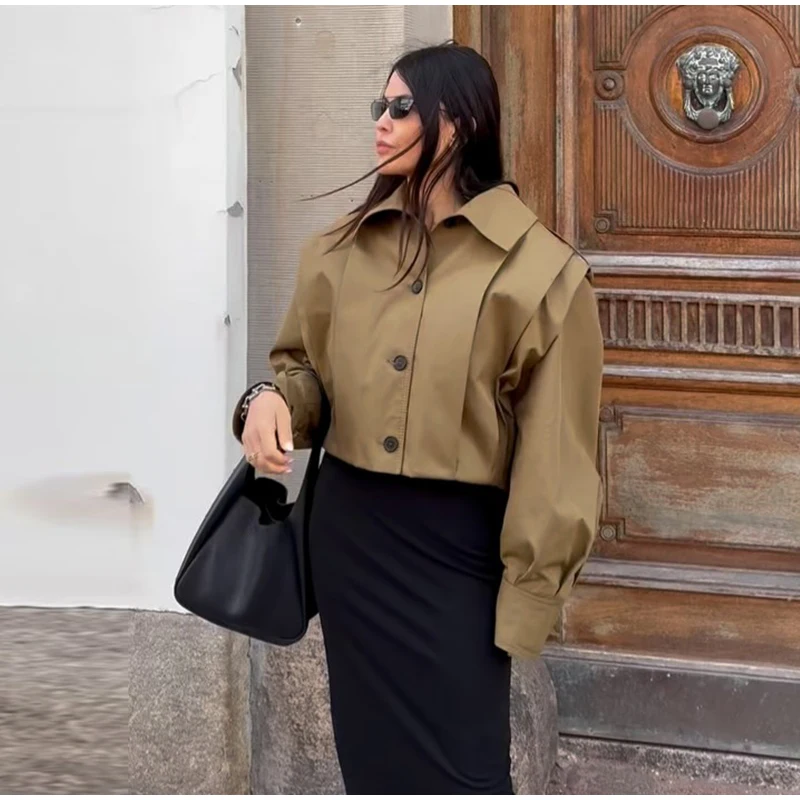 Revers-Langarm-Plissee-Kurzmäntel für Damen, Street-Style, mit Umlegekragen, Epauletten, einreihige Jacken, schicke Damen-Oberbekleidung, neu – Detail 12
