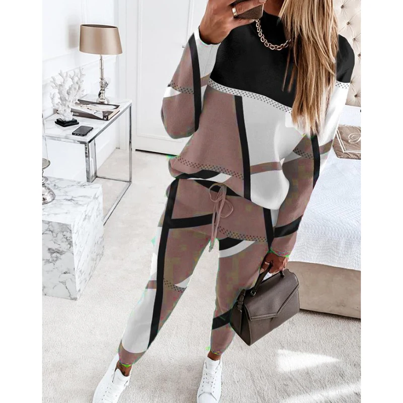 2023 Women\'s Sets Casual Geometric Print Long Sleeve Two Piece Suit Sets Fashion Elegant Office Lace-up Pencil Pant Sets Female