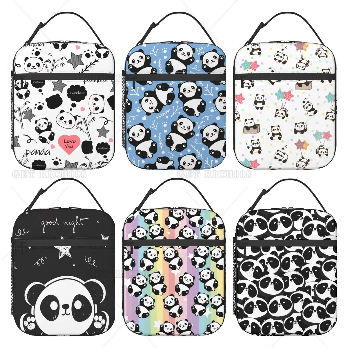 Panda Isolado Sacos de Almoço Térmico para Mulheres, Sacola Animal Bonito, Lancheira com Bolso Frontal, Trabalho de Escritório, Piquenique