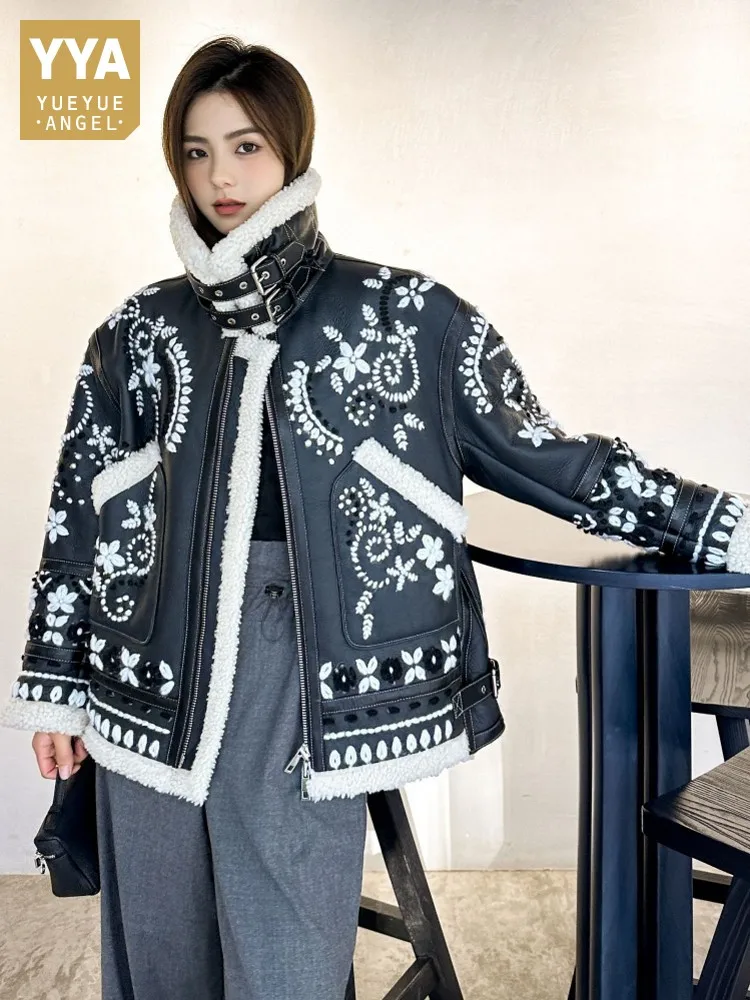 

Роскошная женская куртка из овчины с цветочной вышивкой из натуральной кожи, зимняя теплая куртка ручной работы с подкладкой из натуральной шерсти, свободное пальто