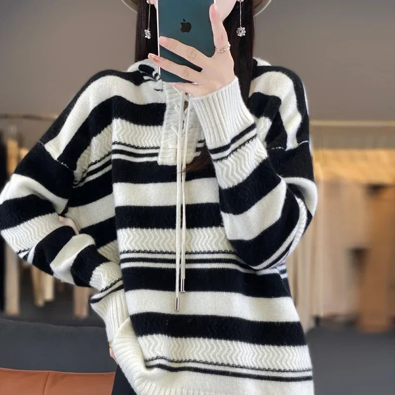 Women's Striped Color Matching Hooded Sweater, Long-Sleeved Pullover, Loose Top, 100% Pure Wool, Fall, Winter Fashion