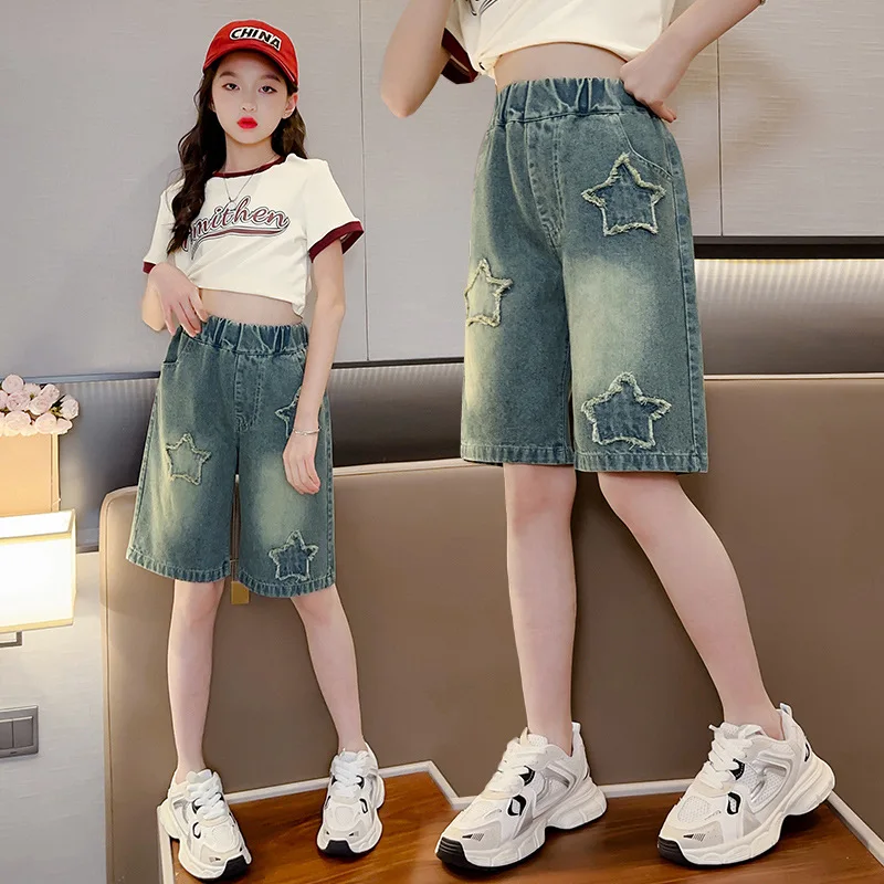 Children Vintage Blue Denim Shorts with Star Pattern for Tween Girls Fashion Street Style Knee-Length Short Jeans for Kids Teen