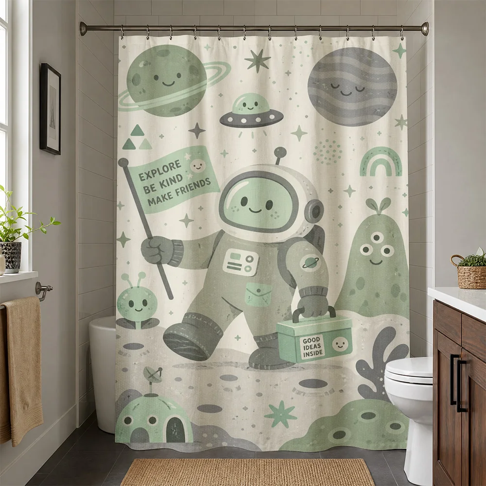 Waterproof Kids Space Astronaut Planets Shower Curtain for Nursery Bath Decor Galaxy Cute Whimsical Bathroom Home Design
