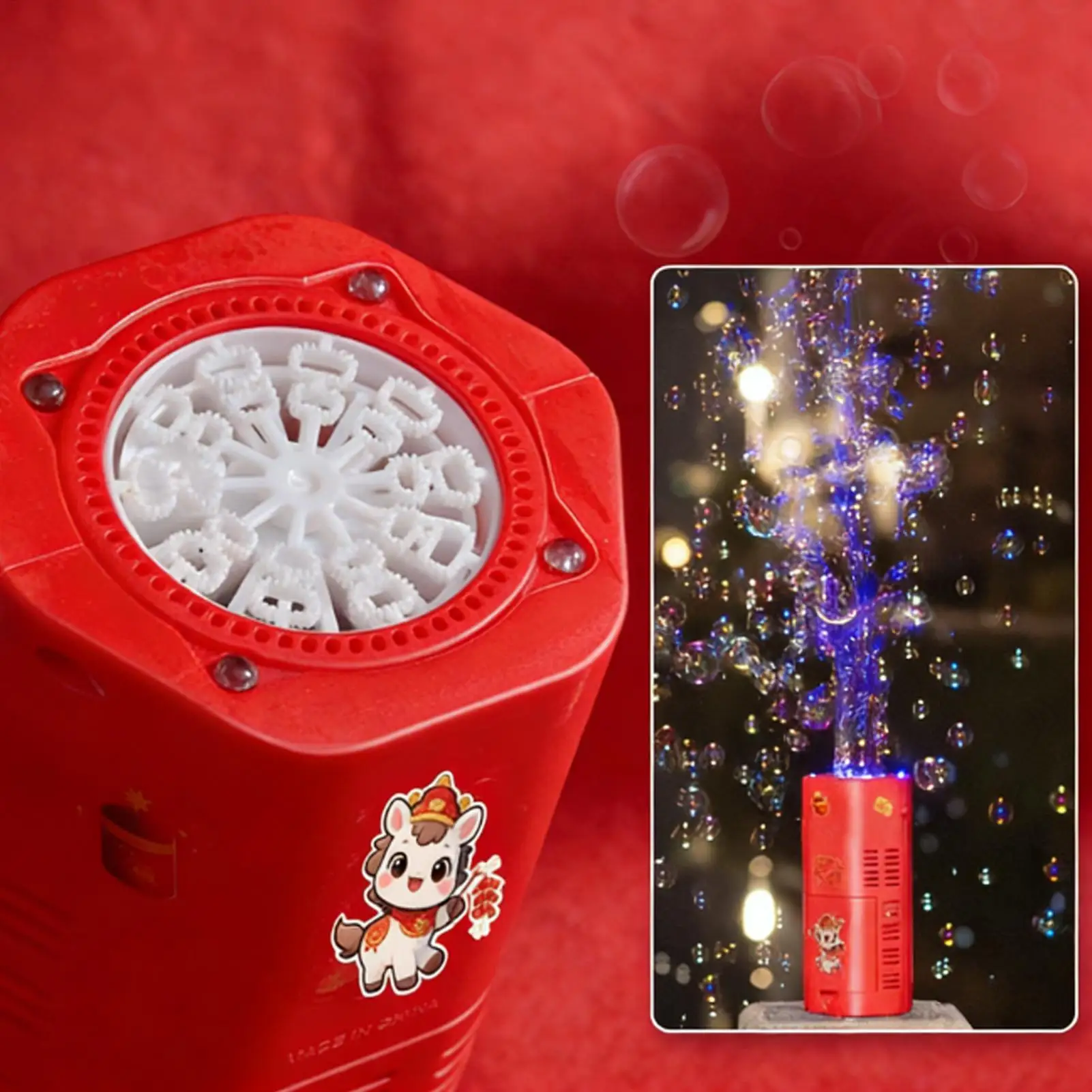 Ano do cavalo ano novo fogos de artifício máquina de bolhas, luzes coloridas, soprador de bolhas totalmente automático, presente de ano novo das crianças