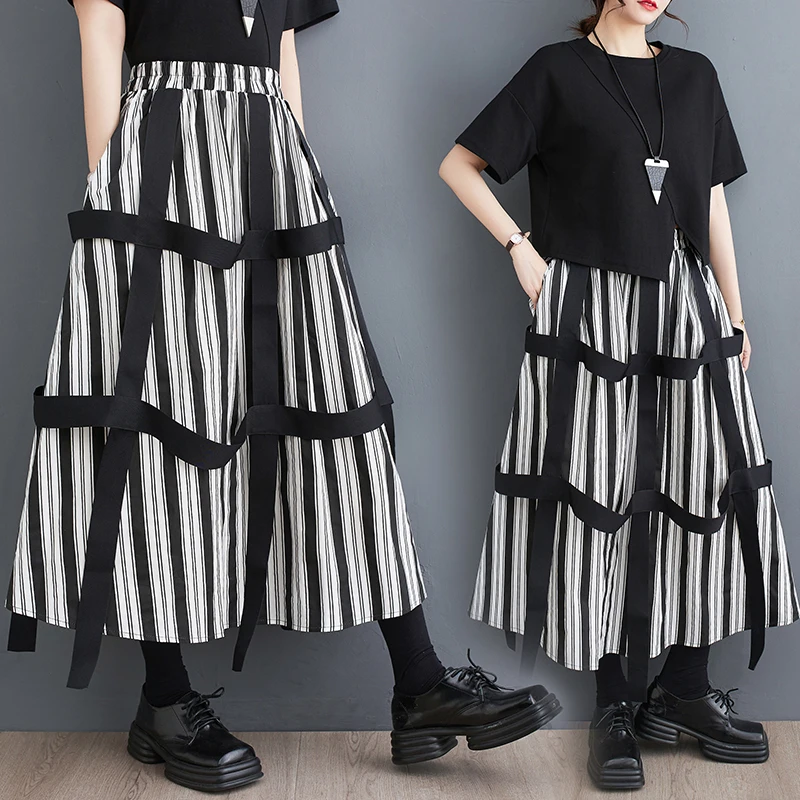 

Весна-лето, новая свободная полосатая юбка-зонтик с эластичной резинкой на талии, миди-трапеция с высокой талией, юбка из смеси хлопка