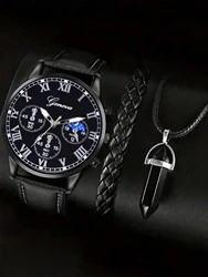 3pcs classic star pattern Roman leather men's quartz watch and leather bracelet necklace set travel everything