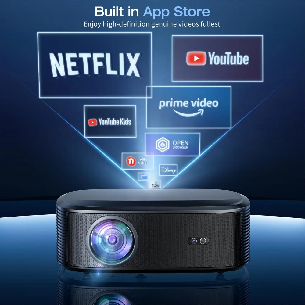 NETFLIX/Prime Video/YouTube Built-in, 100,000+ Apps Supported, Video Projector Compatible with HDMI/USB/iOS/Android/Windows