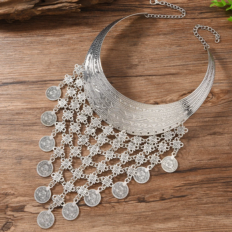 New Bold Punk Metal Floral Print Necklace Tassel Pendant Fashion Layered Jewelry Women's Statement Accessory view 5