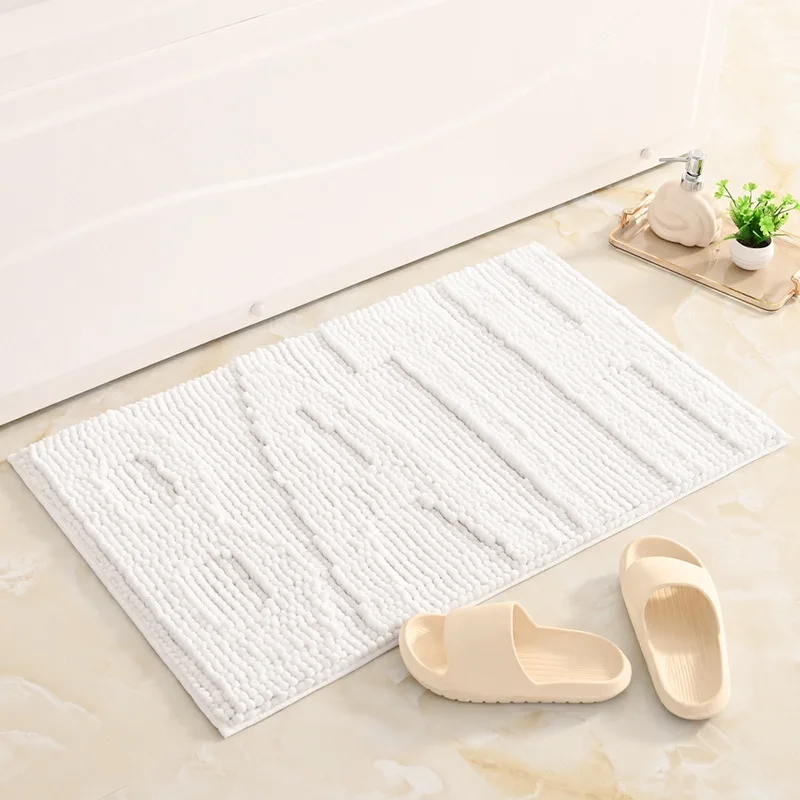 White Chenille Bathroom Mat Beside Bathtub Anti-slip Bath Carpets, Towel, Shower Room Floor Rugs, Toilet Doormat, Rectangle Shap