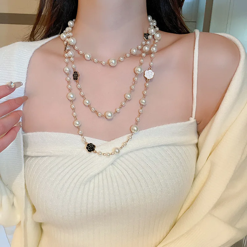 2024 New Simulated Pearl Long Necklace For Women Classic Rose Sweater Chain