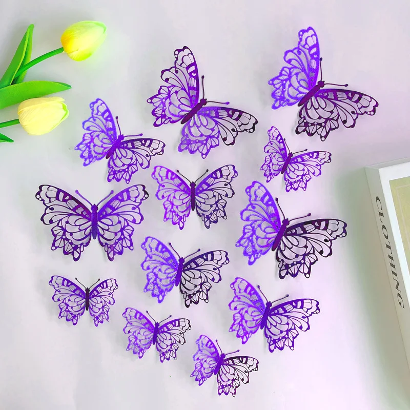 12Pcs/set 3D Hollow Butterfly Wall Sticker Bedroom Living Room Home Decoration Paper Butterfly Wedding Birthday Party Decoration