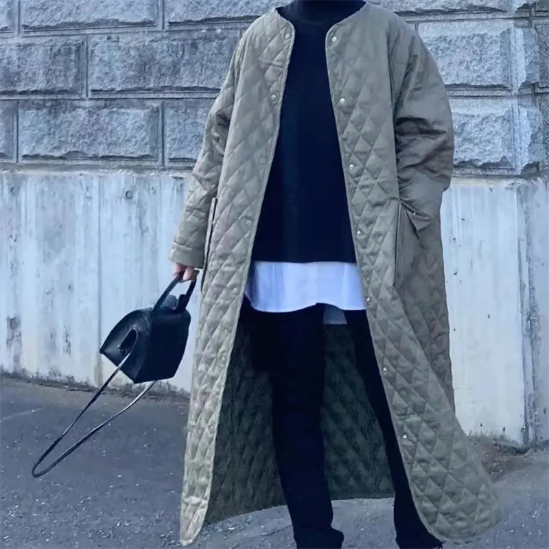 Foreign Trade Loose Casual Coat 2023 Autumn Winter New Korean Version Thickened Cotton Cladding Diamond Grid Long Solid Commuter